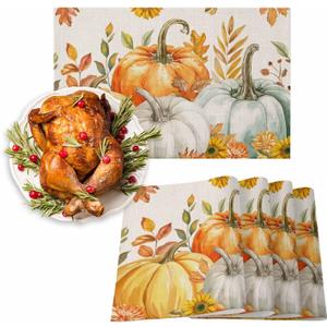 Fall Orange Pumpkins Placemats Set of 4 Watercolor Autumn Leaves Linen Texture Thanksgiving Washable Place Mats Non-Slip Heat Insulation Cotton Blend Table Mats for Kitchen Dining Party, 13"x19"