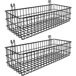 ANZOME 2 Pack Metal Hanging Wire Baskets with Hooks, Black Wire Wall Baskets for Grid Panel Organizer, Multi-Function Grid Wall Baskets for Kitchen Bathroom Storage Display Shelf, Home Decoration