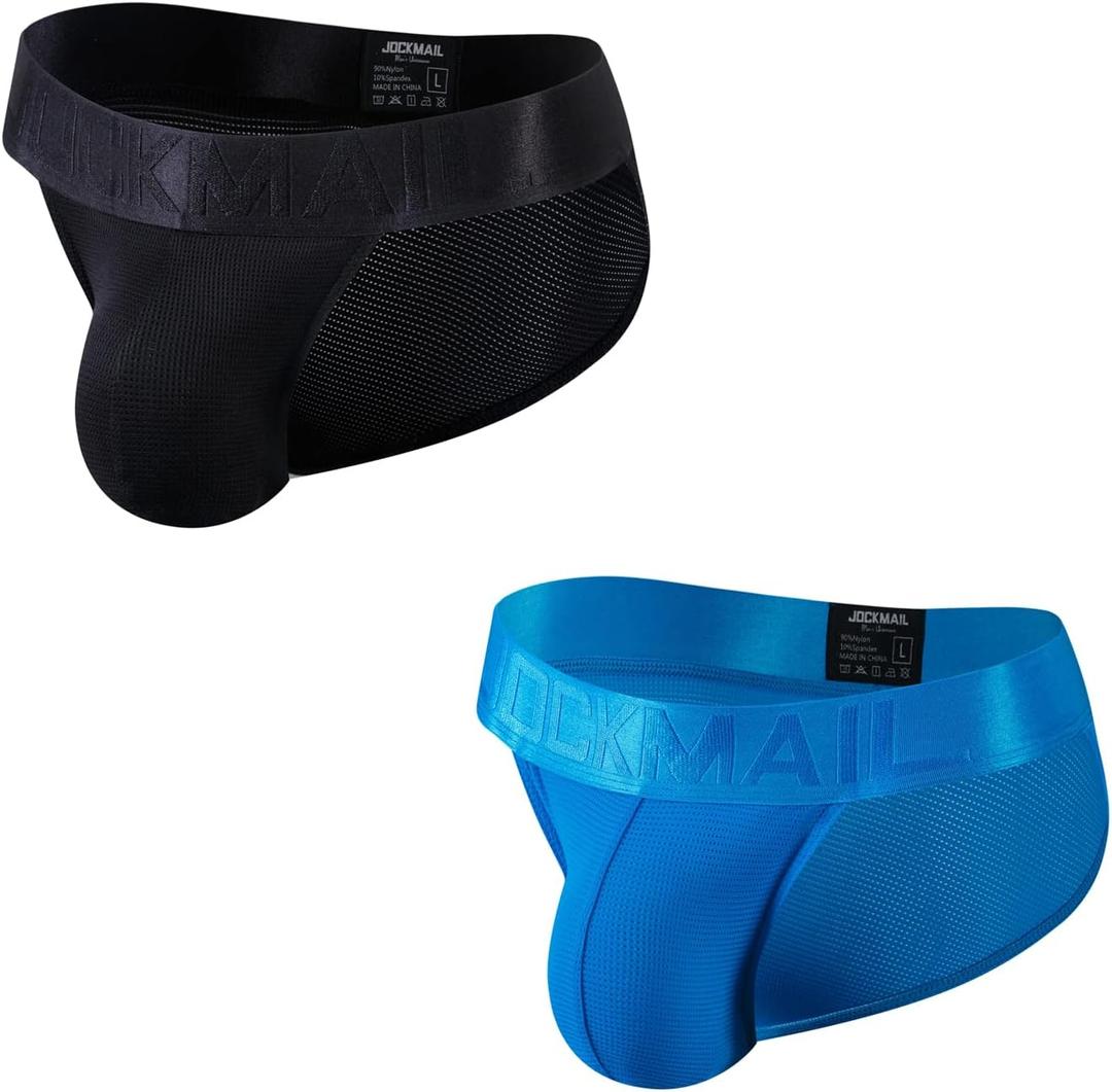 JOCKMAIL 2Pack/PCS Mens Briefs Underwear Breathable Mesh Low Waist Comfort Underwear Briefs Men Underpants (Medium, Black+Blue)