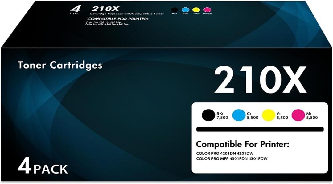 210X 210A Toner Cartridges 4 Pack High Yield (with Chip) for HP MFP 4301fdw | Compatible for HP 210X 210A 201 W2100A W2100X for Color LaserJet Pro MFP 4301fdw 4301fdn Pro 4201dw 4201dn Series (with Chip)