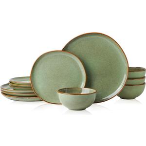 Stoneware Dinnerware Sets for 4, Reactive Glaze Plates and Bowls, Green