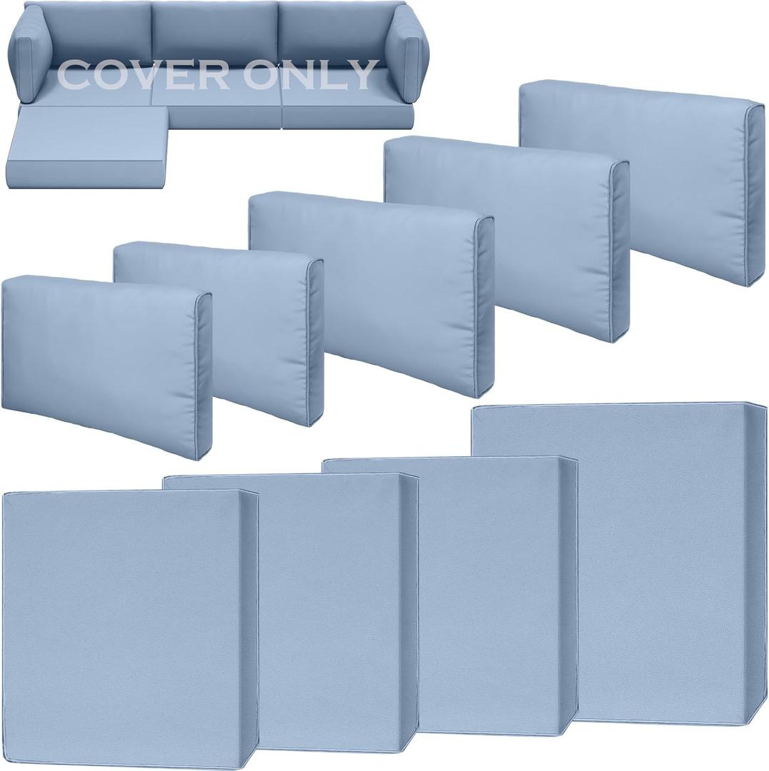 9 Piece Outdoor Patio Waterproof Cushion Covers, Fits 4-Seat Wicker Rattan Sectional Couch Chair Furniture Cover Replacement Set - Fade-Resistant Patio Cushion Covers with Zipper (25.6*25.6*3 inches-9 Pcs, Blue Grey)