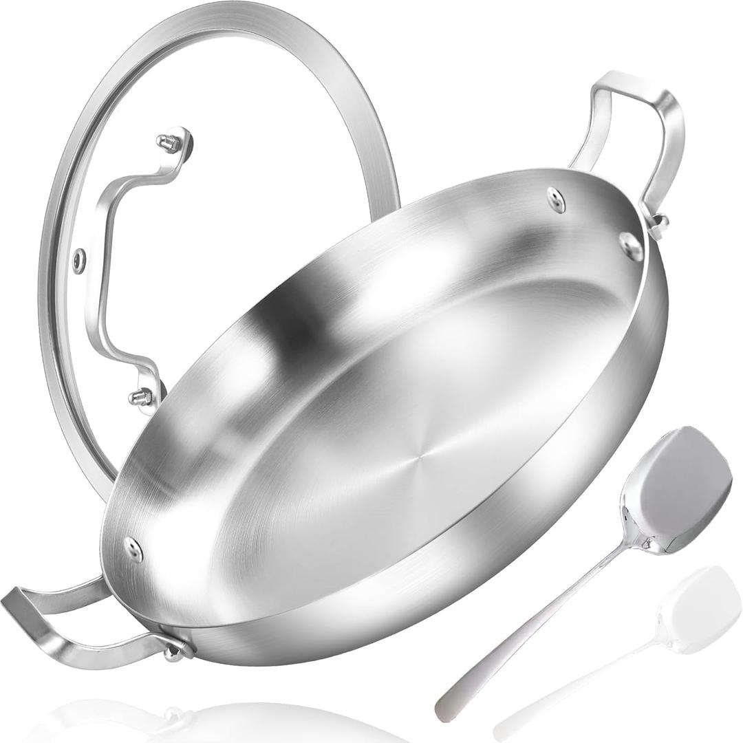 Inqibee 14 Inch Stainless Steel Paella Pan with Lid, Large Frying Pan Skillet with Double Riveted Handles, Wide Shallow Paellera for Stovetop, Induction Compatible, Oven Safe, Dishwasher Safe