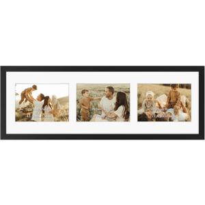 Giftgarden 5x7 Collage Picture Frame 3 Openings Horizontal, Textured Metal 8x24 Frame Matted to Three 5x7 Photos with Mat, Wall Display, Black