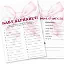 Baby Alphabet & Predictions Advice Theme Baby Shower Game Activities- 25 Watercolor Pink Bow Game Cards(5’’x7’’) For Boys & Girls- Decorations & Supplies For Baby Shower & Gender Neutral Party-C03