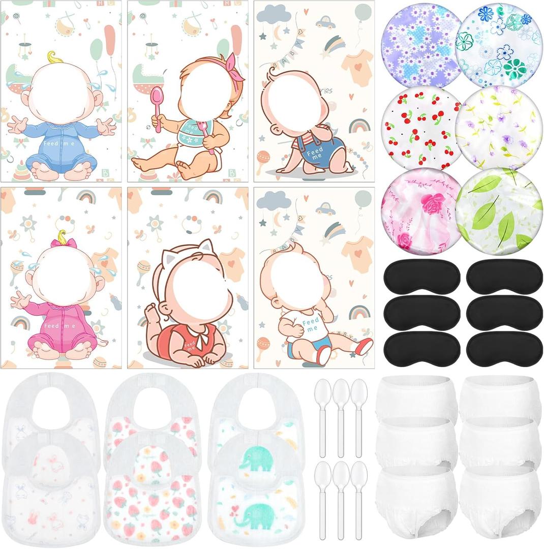 Liitrsh 6 Sets Funny Blindfolds Baby Shower Games Feed Me Baby Shower Games Set Include Eye Mask Bib Spoon Diaper Cap Foam Board Gender Reveal Activities Play for Guests Gender Reveal Party Favor