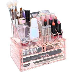 Ikee Design Pink Jewelry & Cosmetic Storage Display Boxes Two Pieces Set, Pink Cosmetic Jewelry Organizer Makeup Holder, Organizer for Vanity (1a) 1 Top 4 Drawers, Pink)