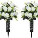 4 Bouquets White Artificial Cemetery Flowers with 2 Vase, Fake Rose Grave Flower for Cemetery Headstones Memorial Outdoor Decorations(White
