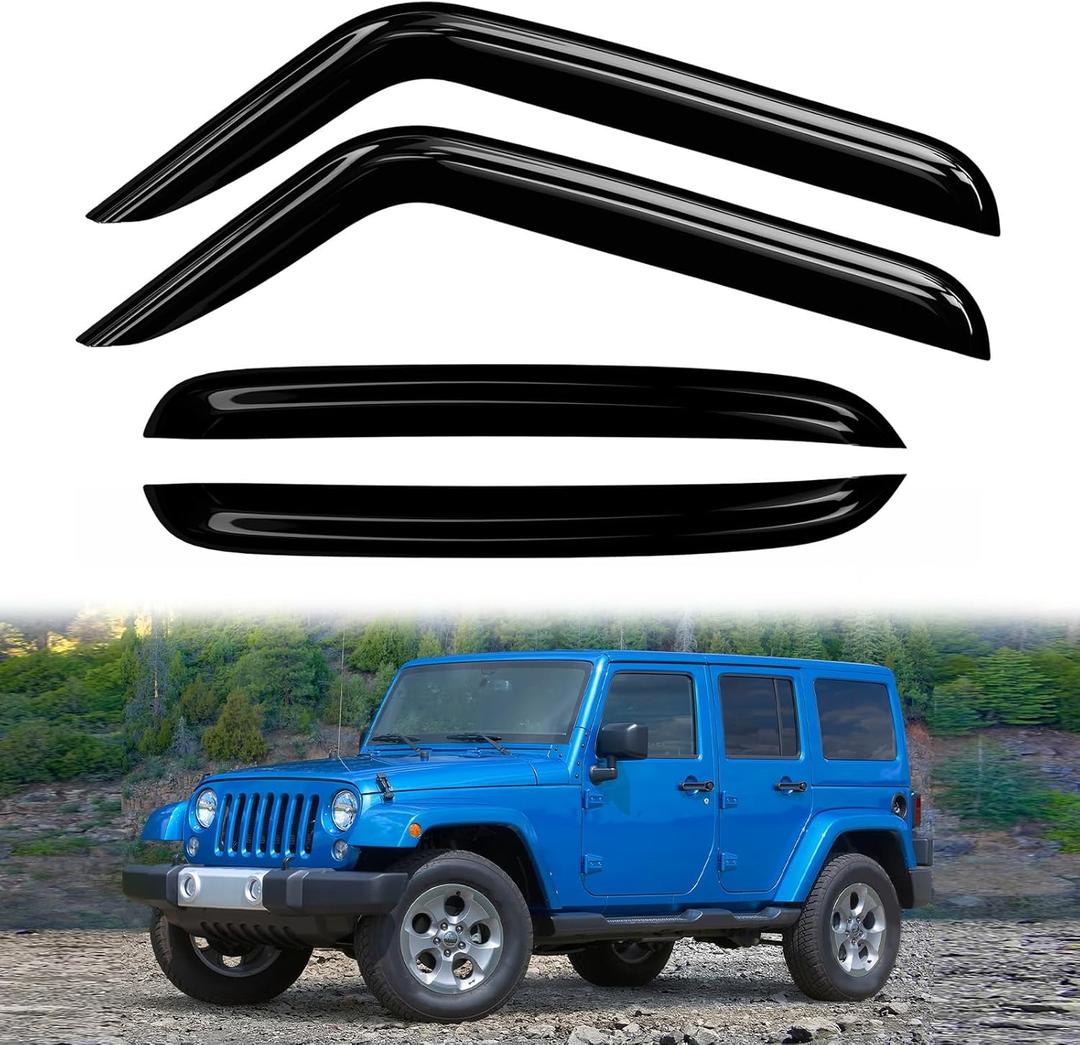 4PC Rain Guards for 2007-2018 Wrangler JK w/ 2 Doors Only Window Visors Deflectors Sun Shades Vent Tape On Out Channel