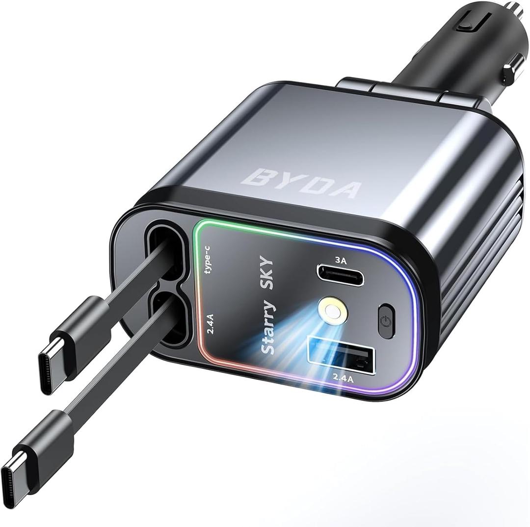 4 in 1 Retractable Car Charger with Starry Light,69W USB-C Fast Car Charger, for iPhone 17/16/15/14/13/12/11, Android,Pixel,Cigarette Lighter Charger (Dual Cord USB-C), Grey