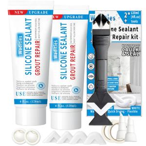 8Oz White Waterproof Caulk & Seal Silicone Sealant, Wadities Tile Grout Repair Kit with Grout Remove Scraper, Shrink & Crack Proof for Bathroom, Shower, Kitchen, Floor (4Oz, Pack of 2)