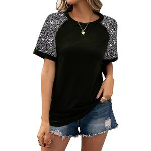 Women Sequined Splicing Short Sleeve T-Shirt Fashion Sparkle Sequin Party Tops Glitter Summer Beach Vacation Tee Shirt (Small, Black)