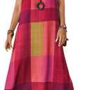 Women's Vintage Geometric Print Maxi Dress Color Block Plaid Design Crew Neck Short Sleeve Loose Fit Long Dresses