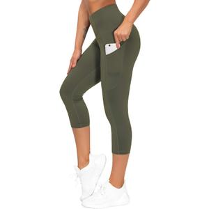 THE GYM PEOPLE Thick High Waist Capris Yoga Pants with Pockets, Tummy Control Workout Running Yoga Leggings for Women (X-Large, Olive Green)