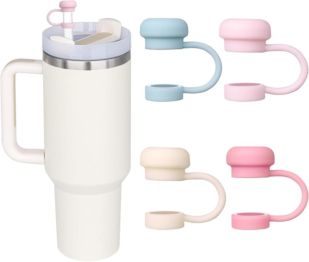 4 x HEYSKAY 4PCS 10MM Silicone Straw Cover Cap for Stanley Cup 30/40oz, Reusable Toppers for Tumblers With Handle, Simple Modern Straw Caps (4PCS Basic Straw Cover-Cream Pomelo/Rose Quartz/Blue/Pink)