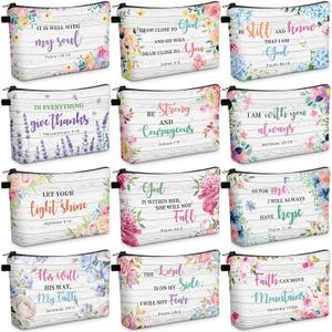Chunful 12 Pcs Inspirational Christian Gifts Religious Makeup Bags Bulk for Women Bible Verse Flower Cosmetic Bag Mother's Day Gift for Church Ladies, 7.48 x 4.72 Inch(Floral)