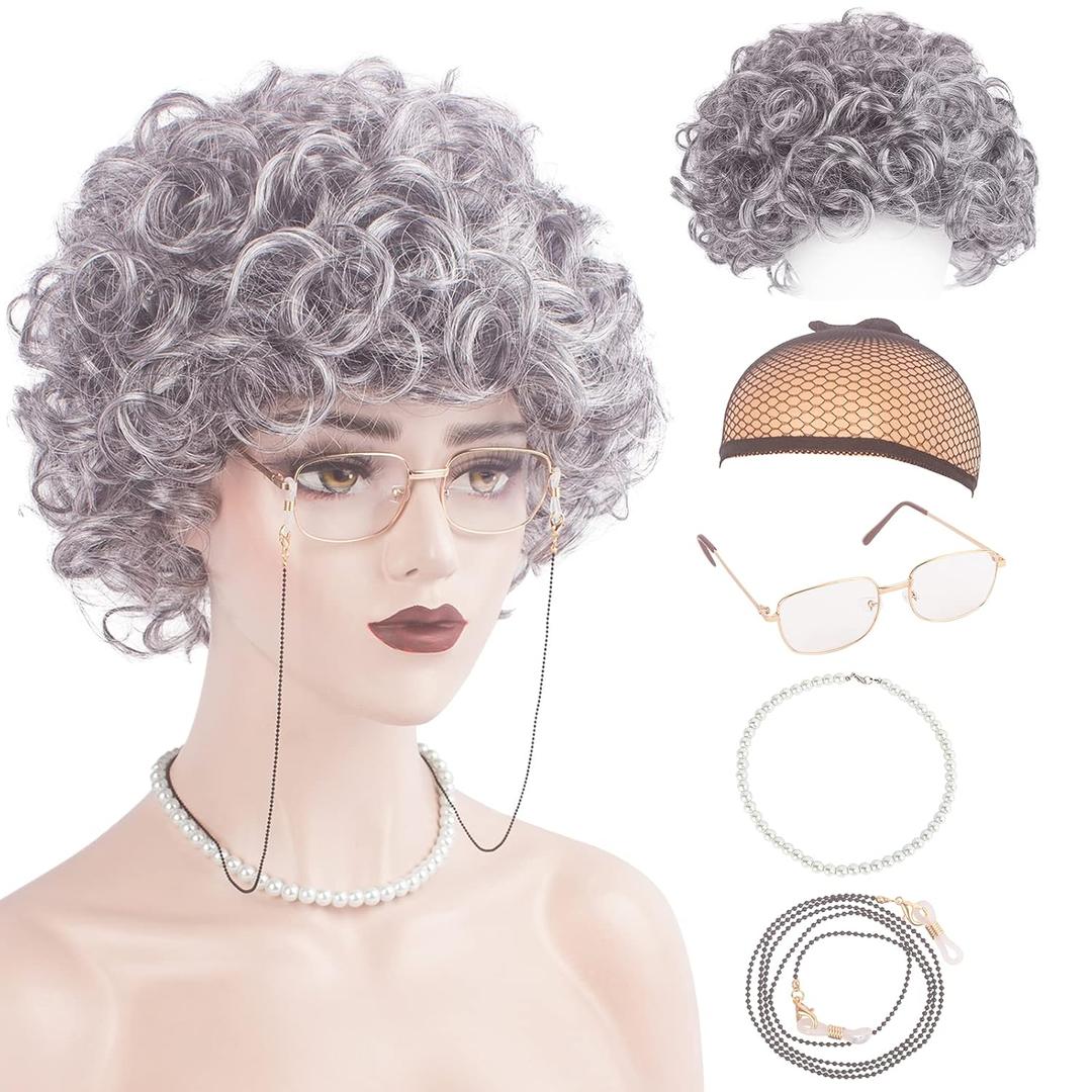WeKen Old Lady Wig Set, Old Lady Costume for Women, Grandma Costume Silver Grey Wig+Granny Glasses+Eyeglass Retainer Chain+Pearl Necklace+Wig Cap (5 Piece) for Halloween Cosplay Dress Up Party