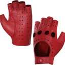 Harssidanzar Womens Lambskin Leather Fingerless Gloves Unlined Half Finger Driving GL012 (Large, Red)