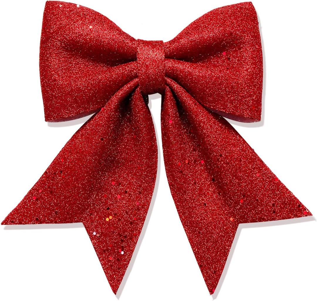 Large Red Glitter Ribbon Bow Tie Christmas Tree Party Decorations Xmas Decor Wreath Ornaments, 10" x 11"
