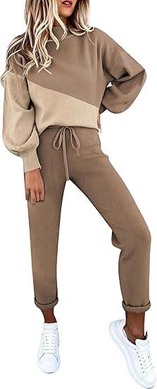 Fixmatti Women 2 Piece Colorblock Outfits High Neck Sweatshirt and Sweatpants Jogger Set Sweatsuit Khaki M