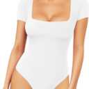 MANGOPOP Women's Square Neck Short Sleeve Long Sleeve Bodysuit Sexy Body Suits Shirt Slim Fitted Tops (Large)
