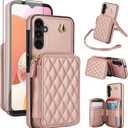Phone Case for Samsung Galaxy A16 5G/4G Wallet Cell Cover with Tempered Glass Screen Protector Wrist Crossbody Strap Lanyard Stand RFID Blocking Credit Card Holder Slot A 16 Women Girls Rose Gold