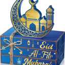 Geelin 4 Pcs Eid Mubarak Tiered Tray Decor Wooden Book Stack Signs, Blue Gold Islamic Crescent Moon Mosque Table Centerpiece for Ramadan Home Shelf Coffee Bar Mantel Decorations