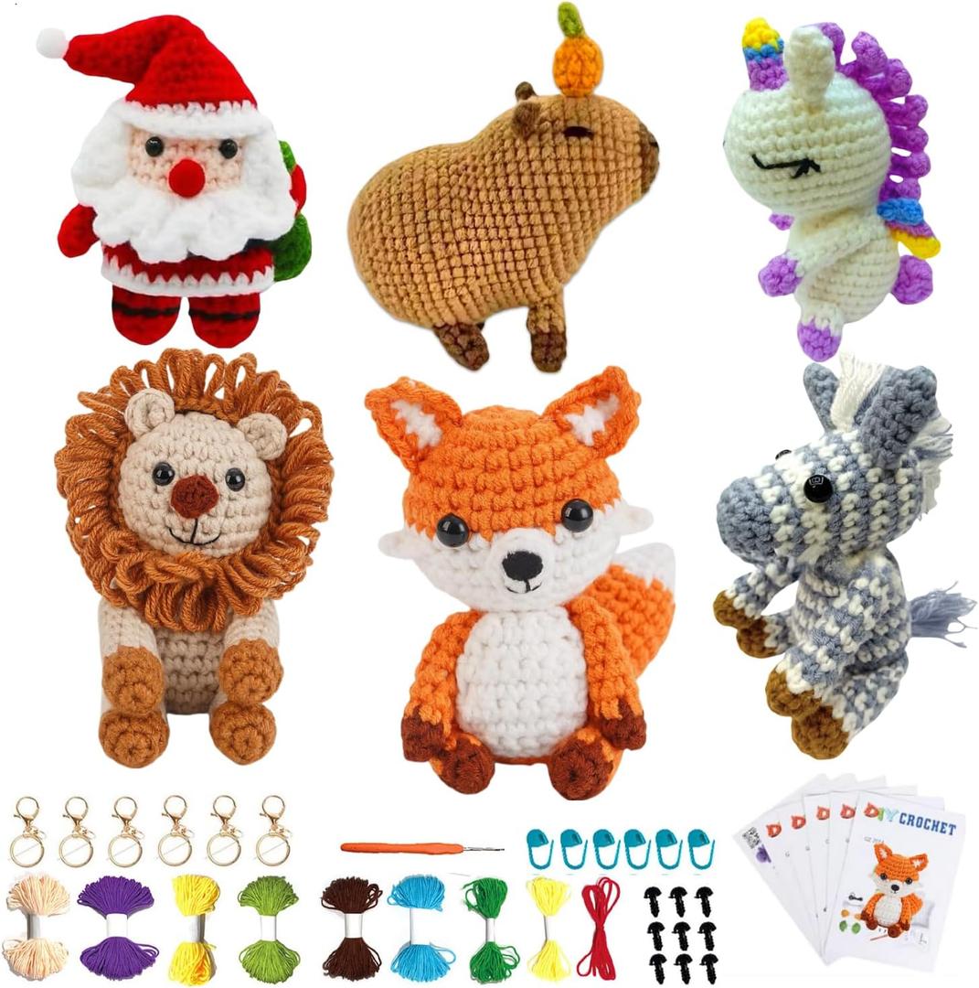 6PCS Crochet Kit, Amigurumi Crocheting Animals Kits with Step-by-Step Video Tutorials Dinosaur, Zebra, Fox, Lion, Pufferfish, Unicorn, Santa Claus, Knitting Starter Pack for Adults and Kid