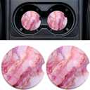 Car Cup Holder Ceramic Coasters 2 Pack, 2.56 in Anti Slip Absorbent Coaster with Cork Base and Finger Notch, Funny Cute Car Accessories Interior for Women, Pink Stone