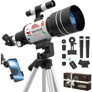Telescope for Beginners, 70mm Aperture Refractor Astronomy Telescope with 300mm Focal Length, 15X-150X Magnification, Tripod, Phone Adapter, Wireless Remote (White)