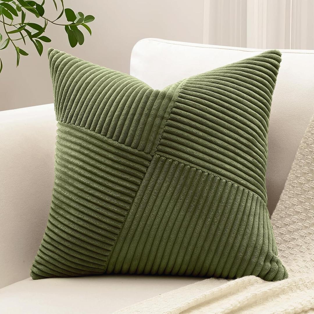OTOSTAR Set of 1 Decorative Throw Pillow Cover Soft Corduroy Solid Square Pillow Cases Boho Striped Windmill Patchwork Textured Cushion Cover for Sofa Car Bed Living Room 26x26 Inch, Olive Green