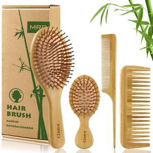 MRD Hair Brush Set, Natural Bamboo Comb Paddle Detangling Hairbrush, Wide-tooth and tail comb No Bristle, Suitable for Women Men and Kids Thick/Thin/Curly/Dry Hair Gift kit
