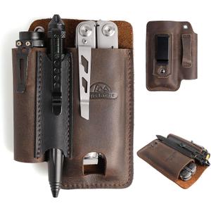 Topstache Leather Multitool Sheath with Belt Clip - Multitool Holster for Belt - EDC Belt Organizer Fits, Flashlight, Pen - Leather Pouch - Holder, Dark Brown