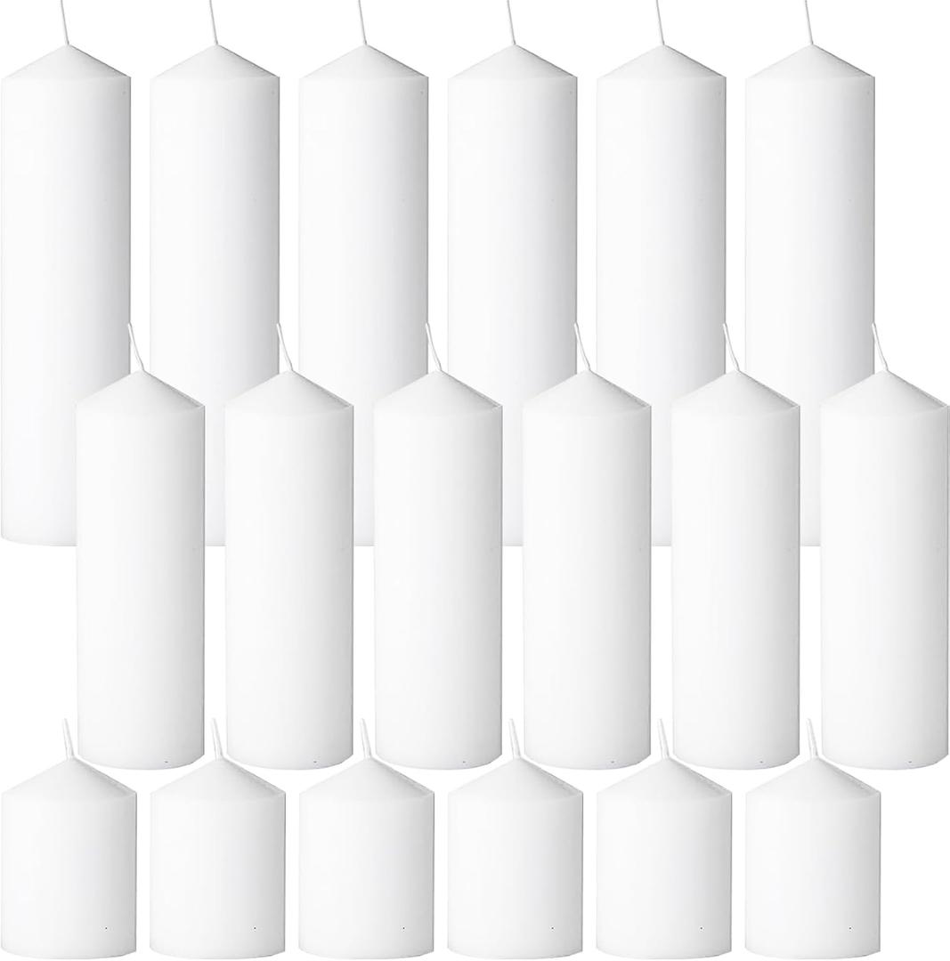White Pillar Candles Bulk Set of 18Hurricane Candles3 Different Lengths 2 x 3/6/8 Inch (6 Each)Dripless Unscented SmokelessGives You a Better Atmosphere When Organizing an Event Party. (18 Pointed-tip)