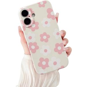 for iPhone 16 Case Cute Floral Women Girls Flower Aesthetic Design Vintage Shockproof Soft Girly Slim TPU Fashion Protective Phone Cover-White Pink