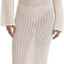 Leoparts Women's Knitted Swimsuit Cover Up 3D Floral Hollow Out Open Back Tie-Up Maxi Dress Beachwear Coverup Dresses (2416 Off White) S