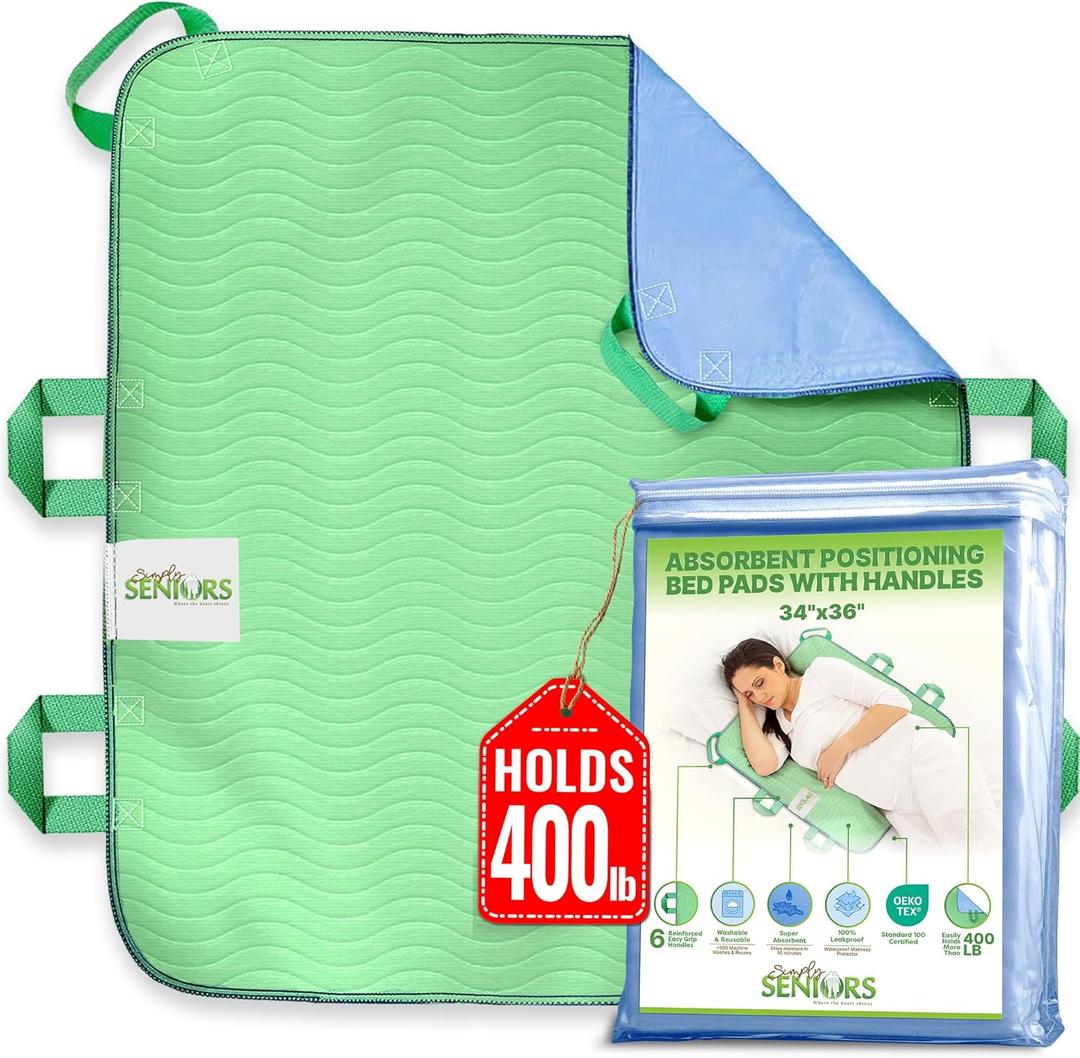 Absorbent Positioning Bed Pads for Elderly with Handles 34"x36"- Washable Waterproof Incontinence Draw Sheets - Reusable Bed Mobility Under Pads for Seniors Disabled & Bedridden Patients - Fast-Drying