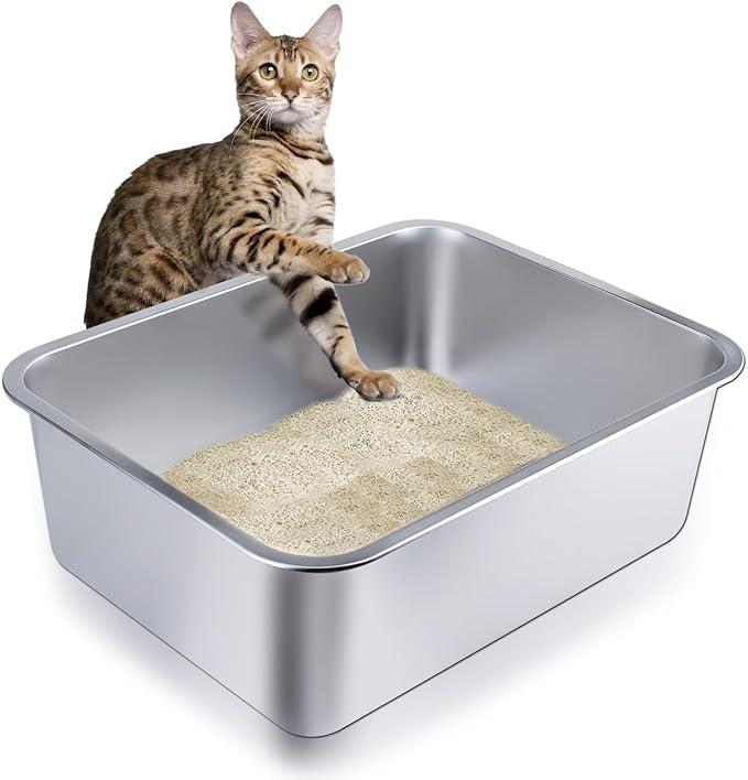 Stainless Steel Cat Litter Box for Large Cats - 17.5"x13.6"x6.1" High-Sided Metal Tray, Anti-Splash & Odor Resistant, Durable Rustproof Design, Easy to Clean 2Pcs