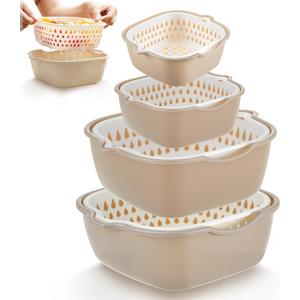 LemonRoad 8 Pcs Drain Colander Bowl Set Fruits and Vegetable Washing Strainer Detachable Double-layer Plastic Kitchen Food Basket, Kitchen Essential Gadgets(White, Grey)