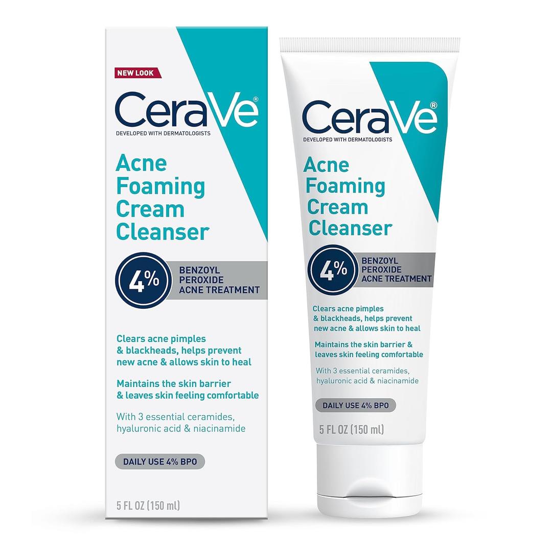 CeraVe Acne Foaming Cream Cleanser, 4% Benzoyl Peroxide Face Wash With Hyaluronic Acid, Niacinamide & Ceramides, Gentle Daily Acne Treatment For Face 5 Oz