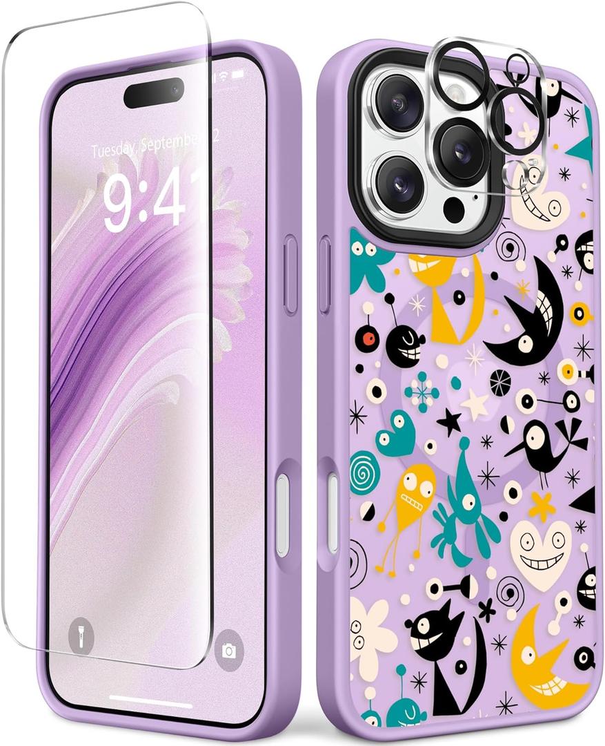 2 x GVIEWIN Magnetic for iPhone 16 Pro Max Case Compatible with Magsafe, [Screen & Camera Lens Protector] Fashion Pattern Translucent Shockproof Phone Cover for 16 Pro Max 6.9" (Moonlit Party/Purple)