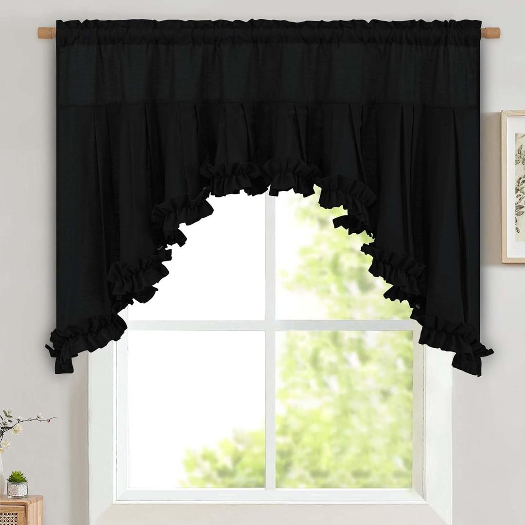 Likiyol Linen Swag Valances for Windows Farmhouse Ruffle Valance Rustic Country Window Valances Light Filtering Kitchen Curtains Rod Pocket Valance Curtains for Bathroom Cafe, Black, 60" W x 36" L