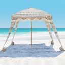 OutdoorMaster Beach Cabana with Fringes, Portable 6' x 6' Beach Canopy for Sand, Easy Set Up Beach Shelter, Included Side Wall, UPF 50+ UV Protection Sun Umbrella - for Family & Friends