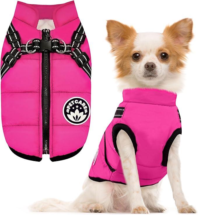 PETCARE Winter Dog Coat with Harness Built in Waterproof Dog Jackets Warm Pet Fleece Vest Windproof Snow Jacket Snowsuit Reflective Dogs Cold Weather Coats for Puppy Medium Dogs Cats Size Medium, Pink