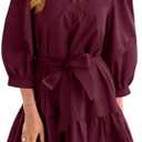 Cicy Bell Womens Puff 3/4 Sleeve Mini Dresses Bow Tie Waist V Neck Casual Trendy Ruffle Tiered Short Dress  X-Large