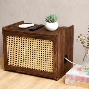 Wooden Wi-Fi Router Box Hider, Wi-Fi Router Storage Box with Synthetic Rattan Decor, Modem Cable Cover Organized, Power Strip Cable Hider Rack(Dark Wood Color,16 x 10.4 x 12 Inches)