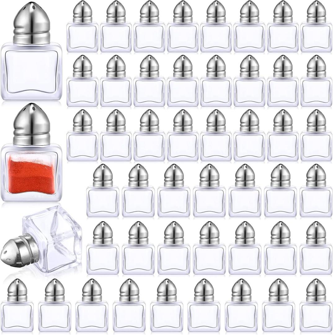50 Set Mini Salt and Pepper Shakers Small Salt and Pepper Shakers Bulk Clear Glass Individual Tiny Spice Seasoning Holders for Home Restaurant Kitchen Table Wedding Party Supplies(Silver)