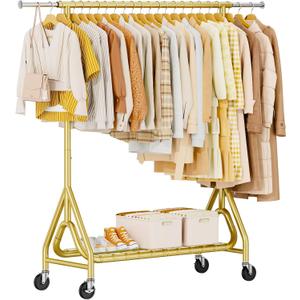 Heavy Duty Clothes Rack, Metal Clothing Rack Load 450 LBS, Rolling Coat Racks for Hanging Clothes with Lockable Wheels, Wardrobe Closet Garment Racks for Bedroom, Gold, Single Rod, 18.9"D x 63"W x 66"H