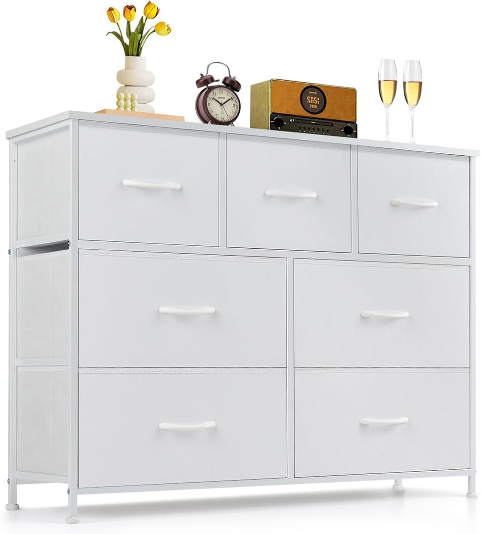 7-Drawer Dresser for Bedroom, Anti-Tip Wide Storage Organizer Fabric Chest of Drawers TV Stand for 45" TV with Wooden Top and Metal Frame for Closet, Living Room, Hallway, Entryway, White (11.8"D x 39.3"W x 30.3"H (7 Drawers))