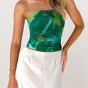 MASCOMODA Women Floral Tube Top Summer 2026 Cute Strapless Crop Mesh Going Out Tops Y2K Ruched Bandeau Beach Vacation Clothes (Green, S)